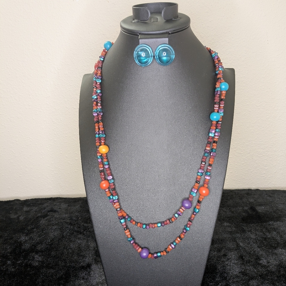 Vibrant Long-Strand Beaded Necklace & Teal Post Earrings Set